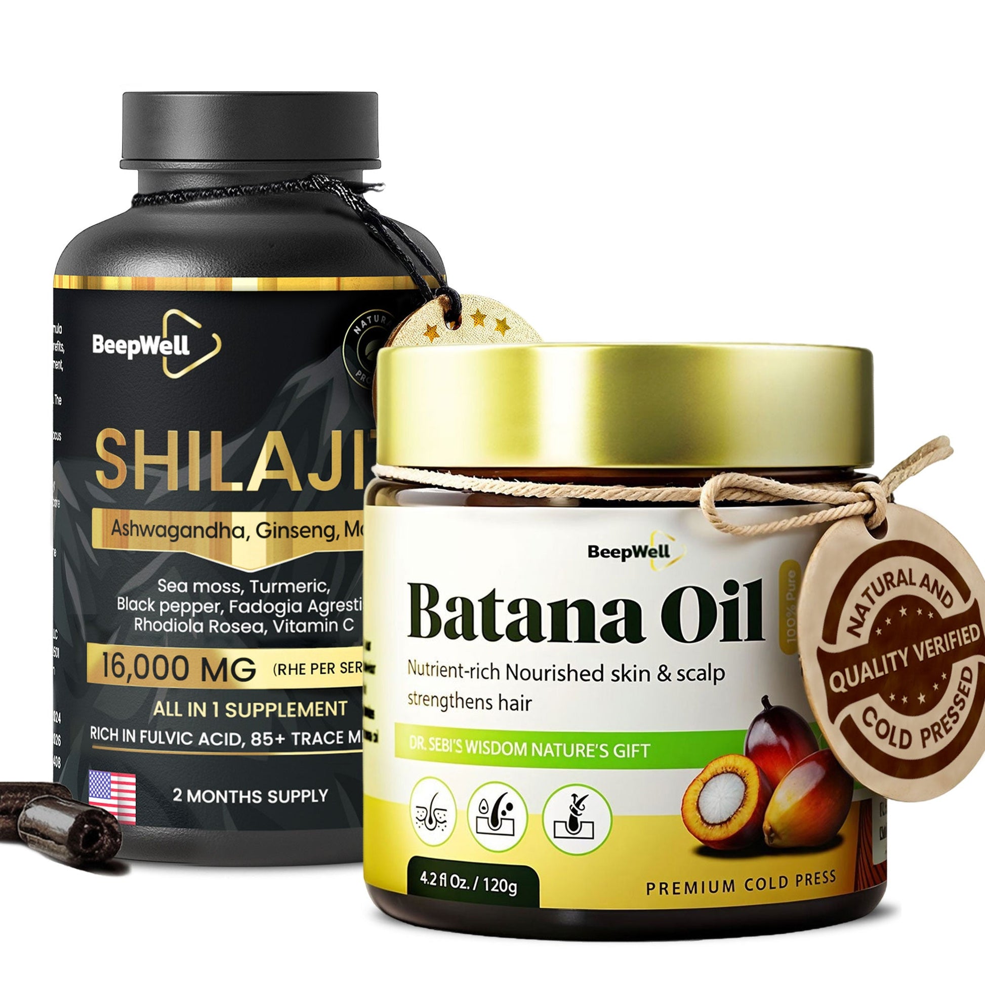 BeepWell Shilajit Capsules + Batana Oil Combo – Hair & Wellness Support – 60 Capsules + 4.2 fl oz Unrefined Oil-0