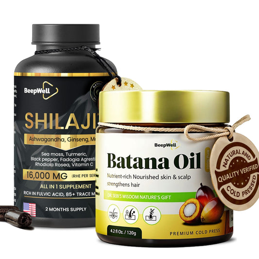 BeepWell Shilajit Capsules + Batana Oil Combo – Hair & Wellness Support – 60 Capsules + 4.2 fl oz Unrefined Oil-0