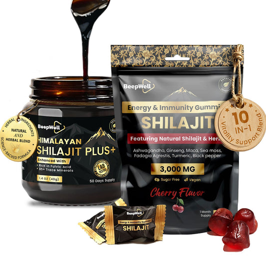 BeepWell Shilajit Resin & Gummies Combo – Fulvic Acid + Ayurvedic Blend – 50g Resin (50 Servings) & 60 Gummies – For Men & Women-0