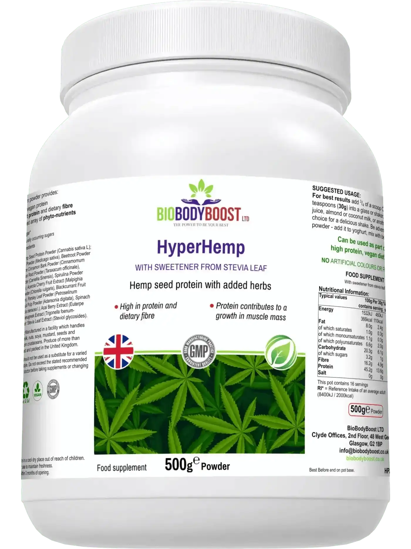 HyperHemp Vegan Hemp Protein Powder – 500 g | Plant‑Based, High Protein, UK‑Made